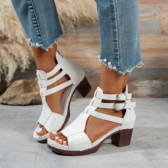 Damen Offene Riemensandalen mit Blockabsatz und Doppel-Schnallen R&B