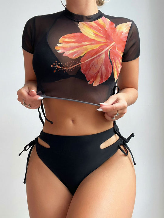 Damen Bikini-Set mit asymmetrischem Oberteil und floralem Design R&B