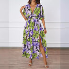 Damen Voluminöses Maxikleid mit floralem Design und tiefem V-Ausschnitt R&B