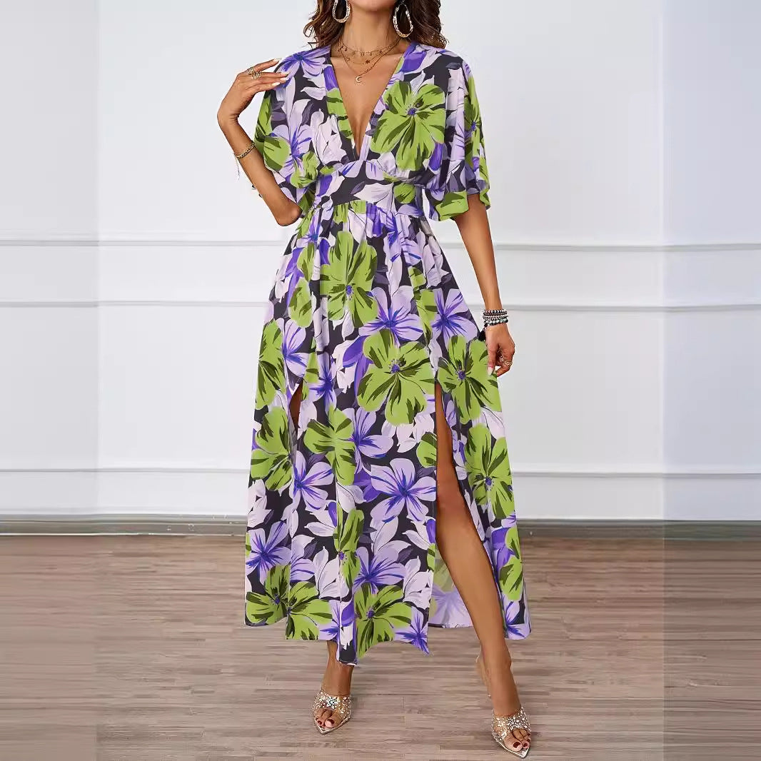 Damen Voluminöses Maxikleid mit floralem Design und tiefem V-Ausschnitt R&B