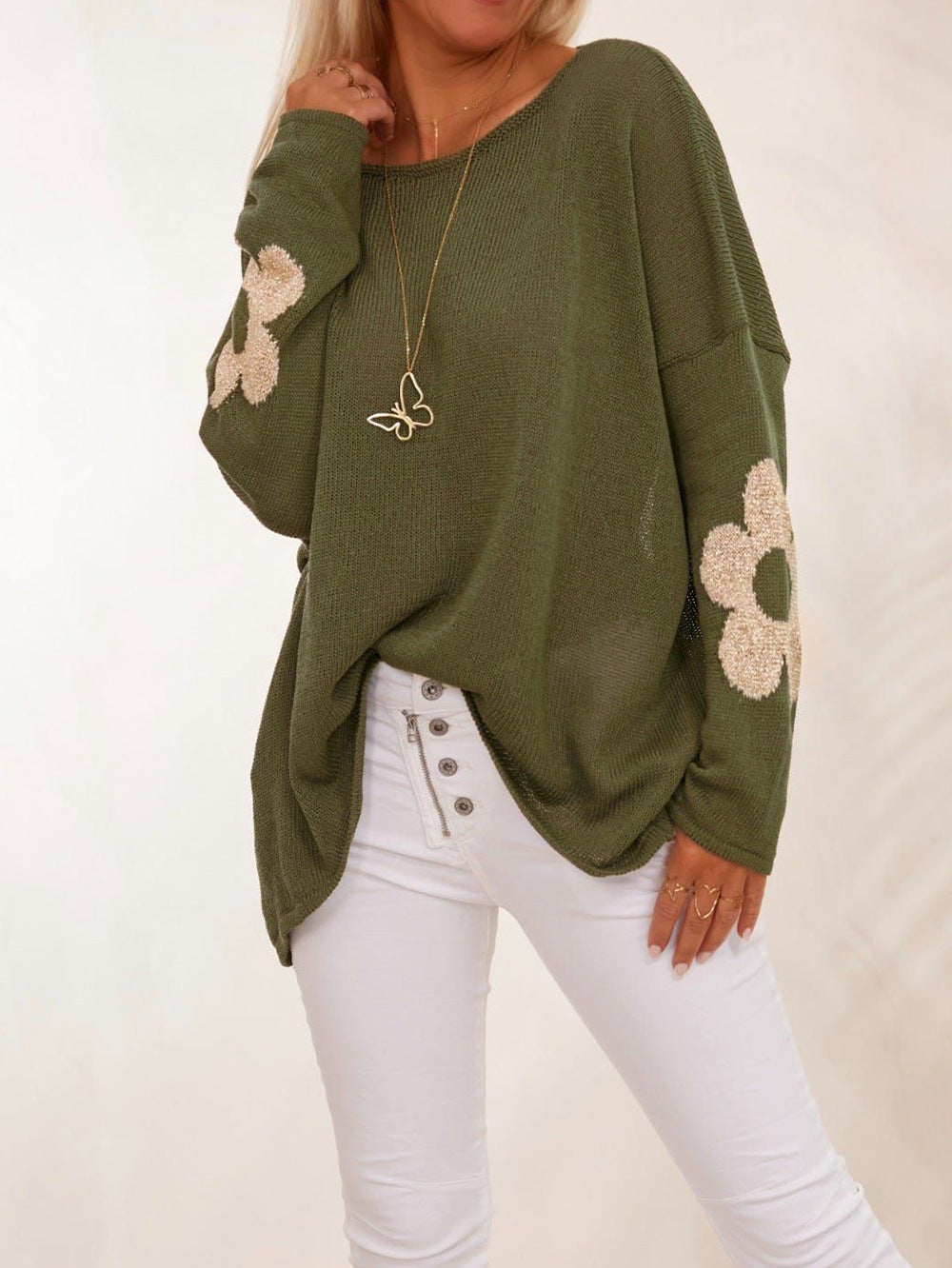 Damen grob gestrickter Pullover mit floralem Design und weitem Schnitt R&B