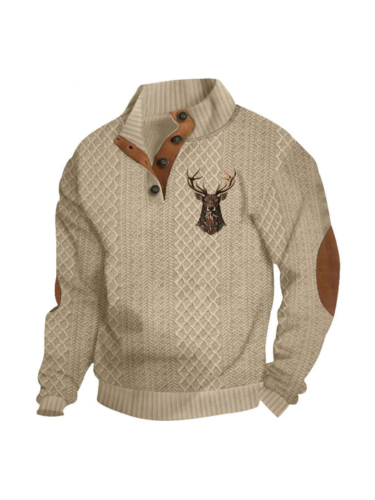 Herren nan Heritage-Strukturpullover mit Stehkragen Lederimitat-Besatz Ellenbogen-Patches und Halbknopfleiste R&B