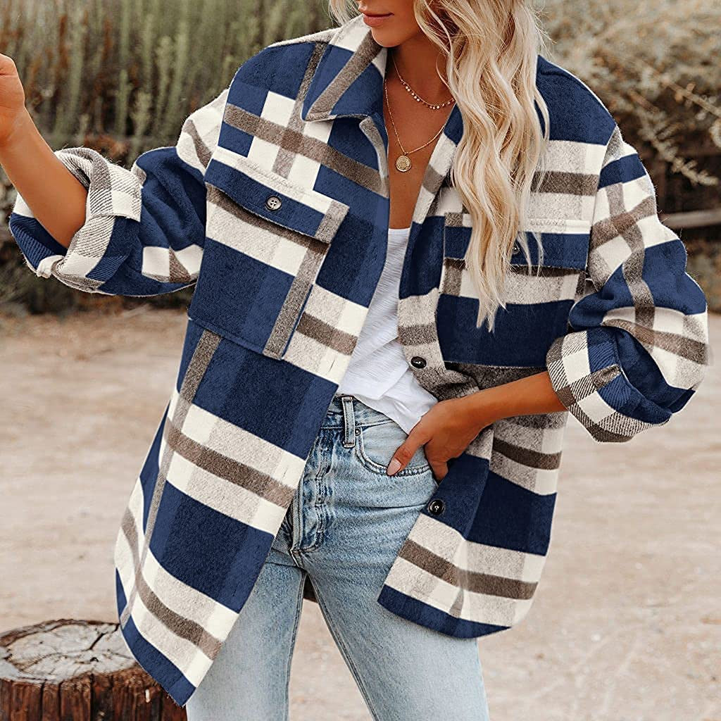 Damen Karierte Flanelljacke mit Lässigem Schnitt und Aufgesetzten Taschen R&B