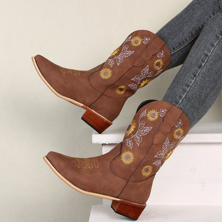 Damen Cowboy-Stiefel mit floralem Stickdesign und robustem Blockabsatz R&B