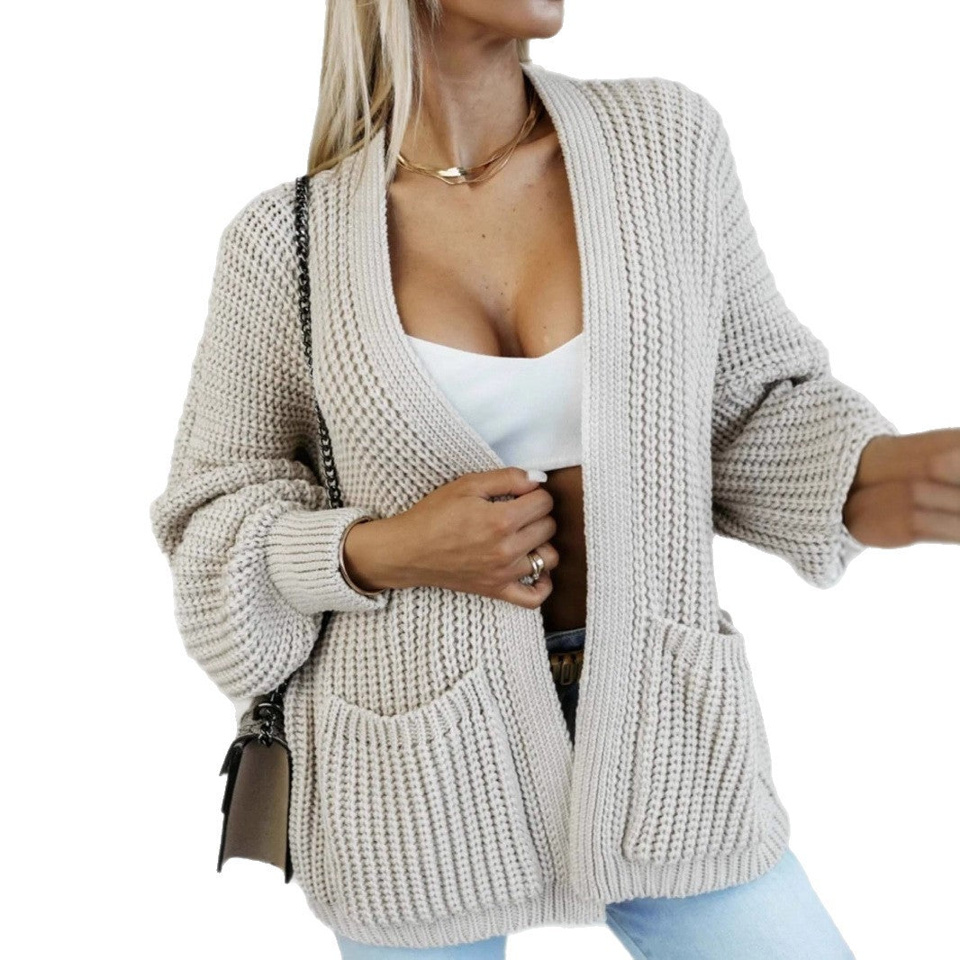 Damen lässige Strickjacke mit großen Taschen und lockerer Passform R&B