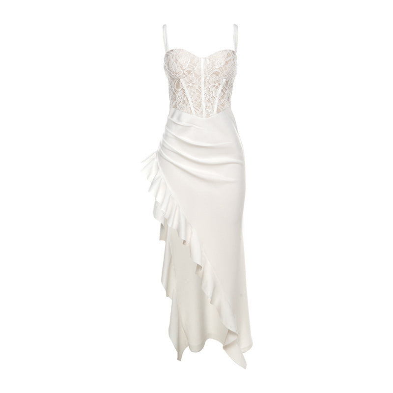 Damen elegantes Spitzen-Maxikleid mit raffinierten Drapierungen R&B