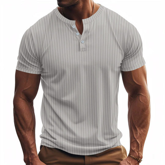 Herren Kurzarm Henley-Shirt mit Streifenmuster und praktischen Knöpfen R&B