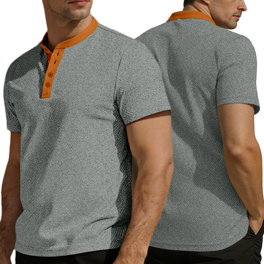 Herren nan schlankes Kurzarm-Henley-Poloshirt mit Mandarin-Kragen und feiner Jacquardstruktur R&B