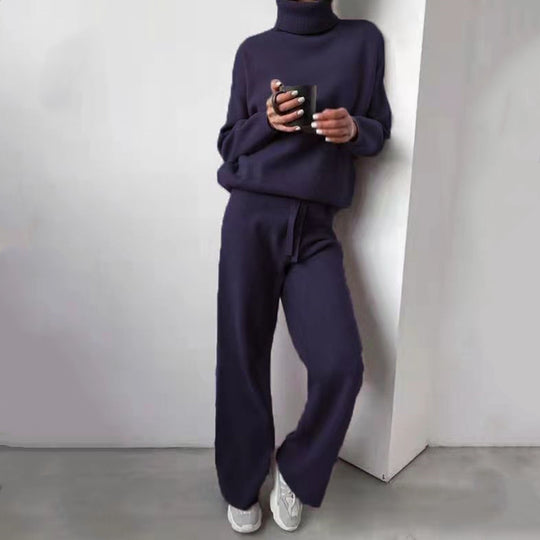 Damen elegantes Strick-Loungewear-Set mit hohem Kragen und weitem Bein R&B