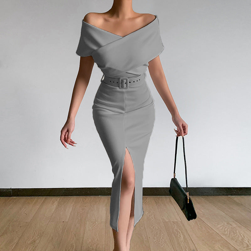 Damen Etuikleid mit schulterfreiem Design und hohem Beinschlitz R&B