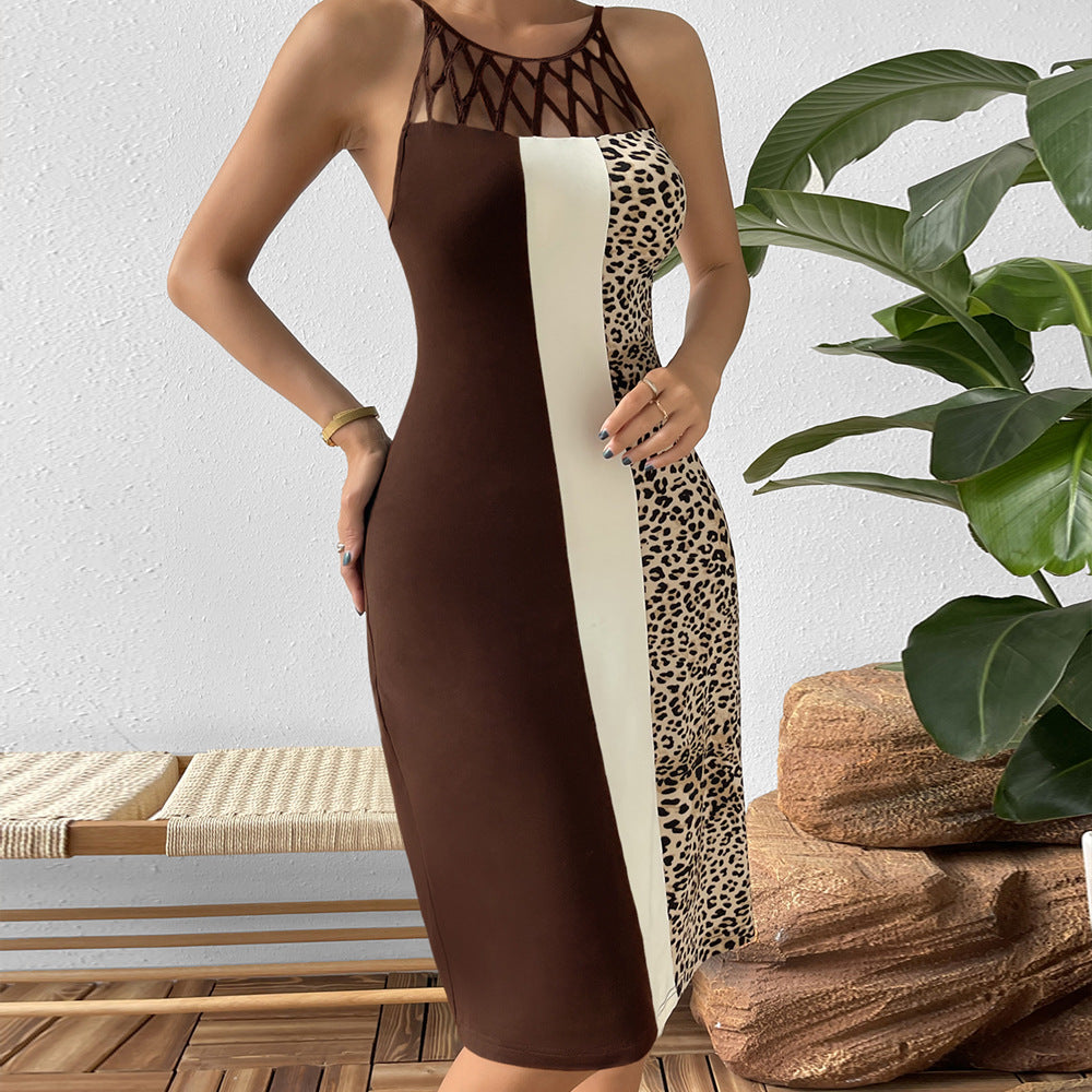 Damen elegantes figurbetontes Kleid mit Cut-Out-Details und Leopardenmuster R&B