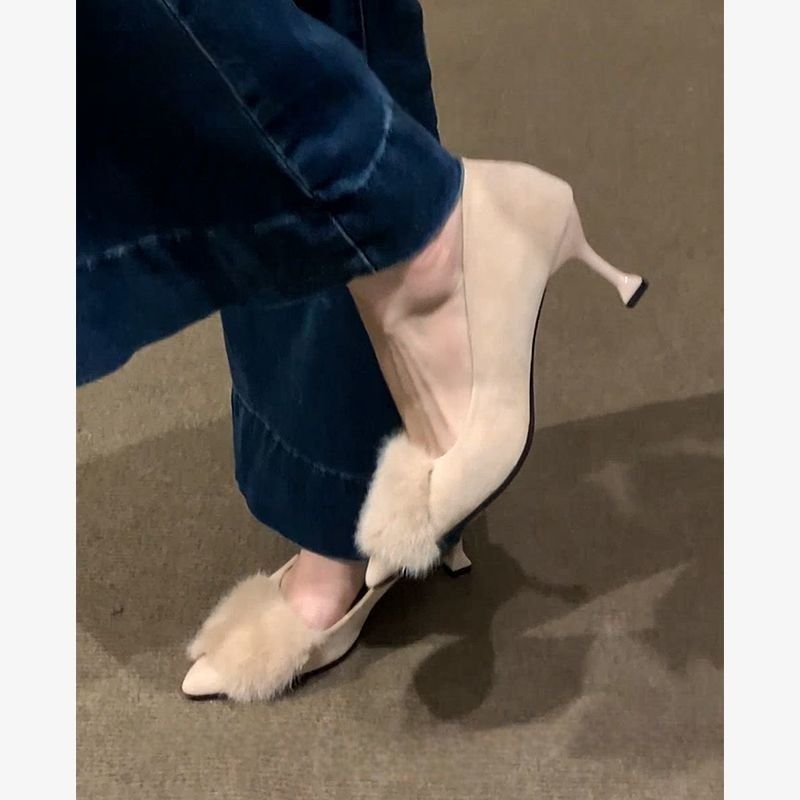 Damen elegante High Heel Schuhe mit luxuriösem Fellbesatz