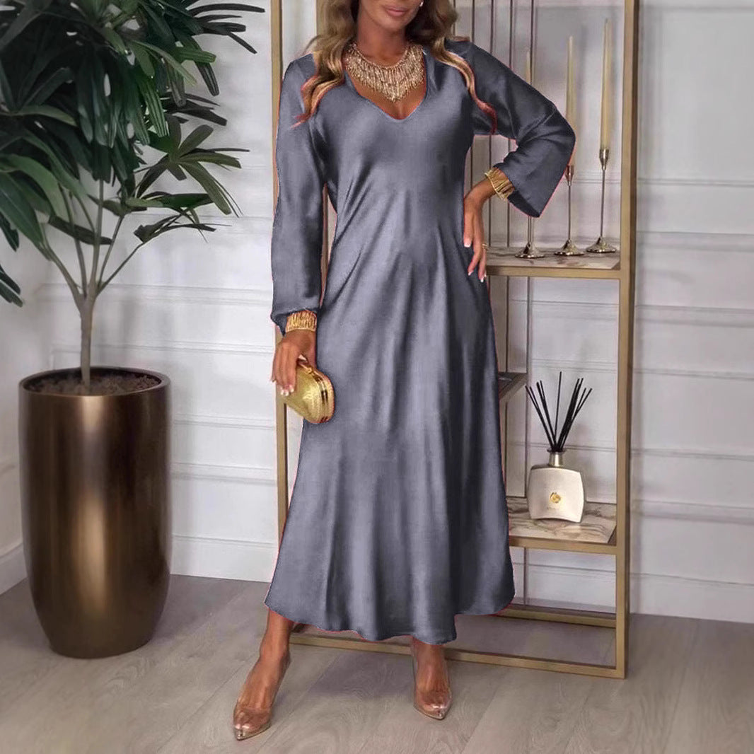 Damen elegantes Maxikleid mit tiefem V-Ausschnitt und fließendem Schnitt R&B