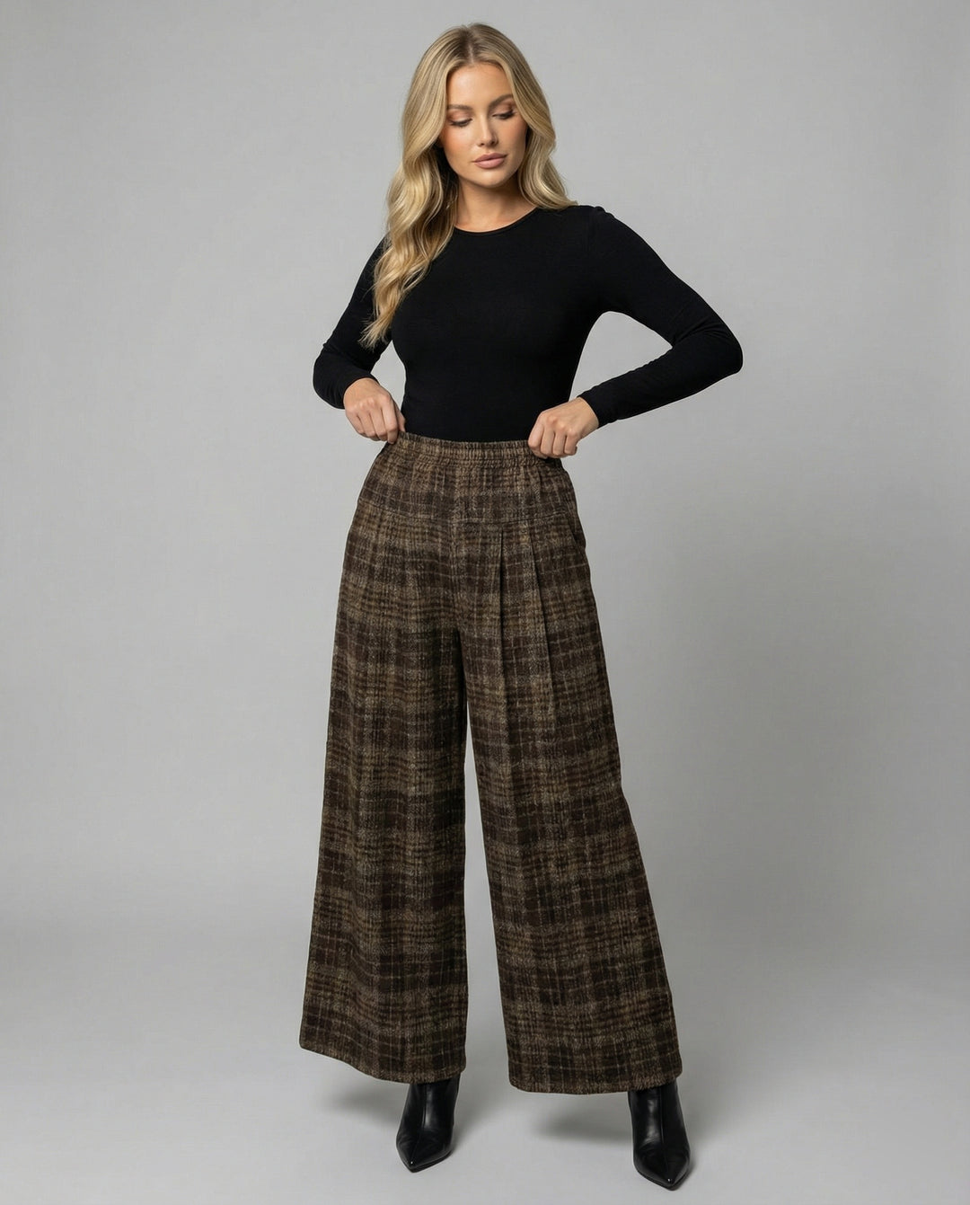 Damen karierte Culottehose im Palazzo-Stil mit hohem Bund und fließendem Wollmix R&B