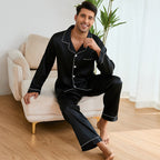Herren Satin Schlafanzug-Set mit klassischem Kragen und eleganten Kontrastnähten R&B
