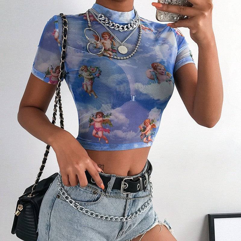 Damen Hochgeschlossenes Crop-Top mit romantischem Engelmotiven R&B