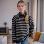 Damen lässiger Pullover mit strukturellem Streifenmuster und modischem Kragen R&B