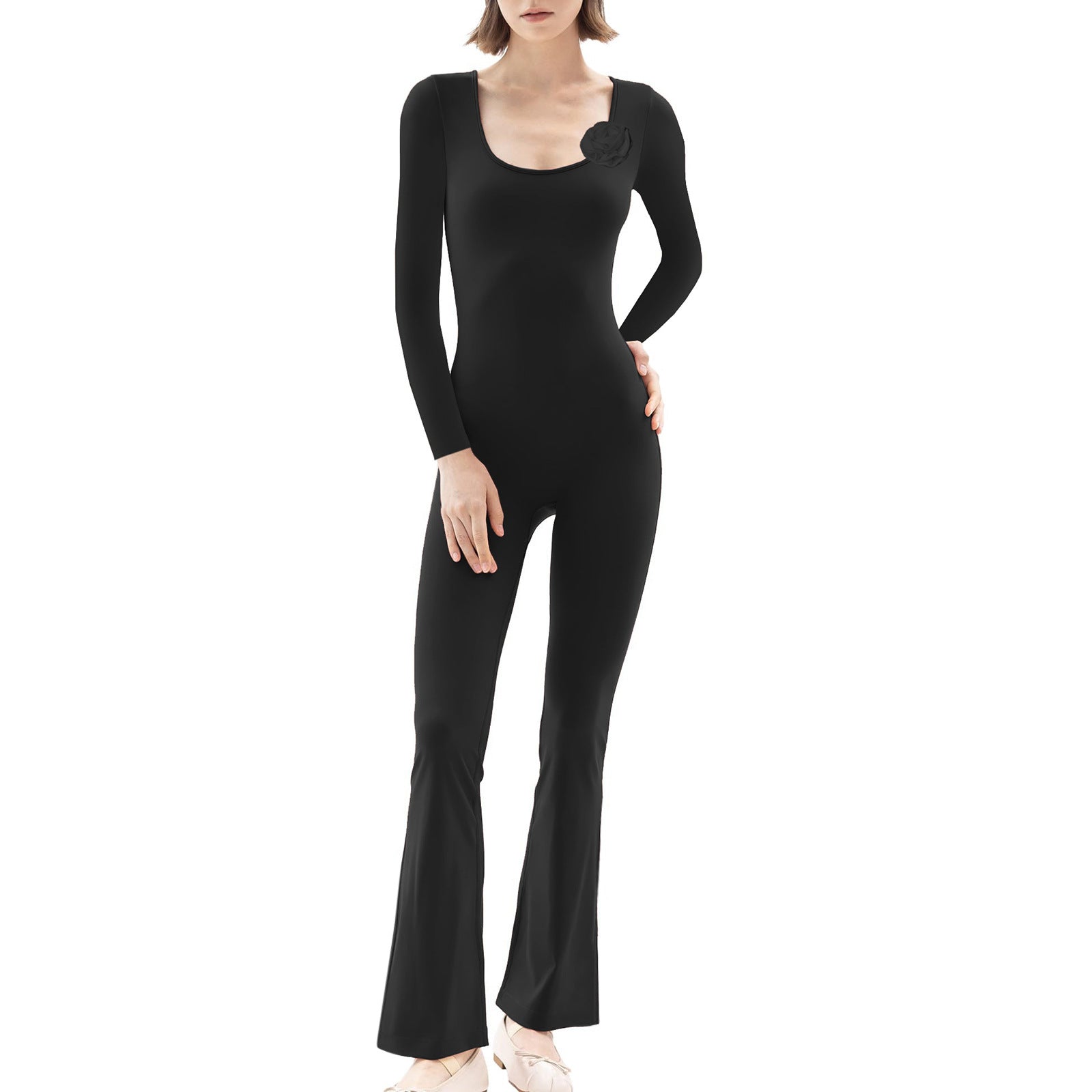 Damen figurbetonter Jumpsuit mit langen Ärmeln und Skulptur-Details R&B