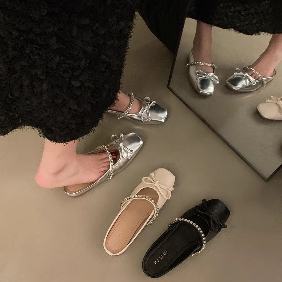 Damen elegante Ballerina-Slipper mit funkelndem Schleifenakzent und klassischer Form R&B