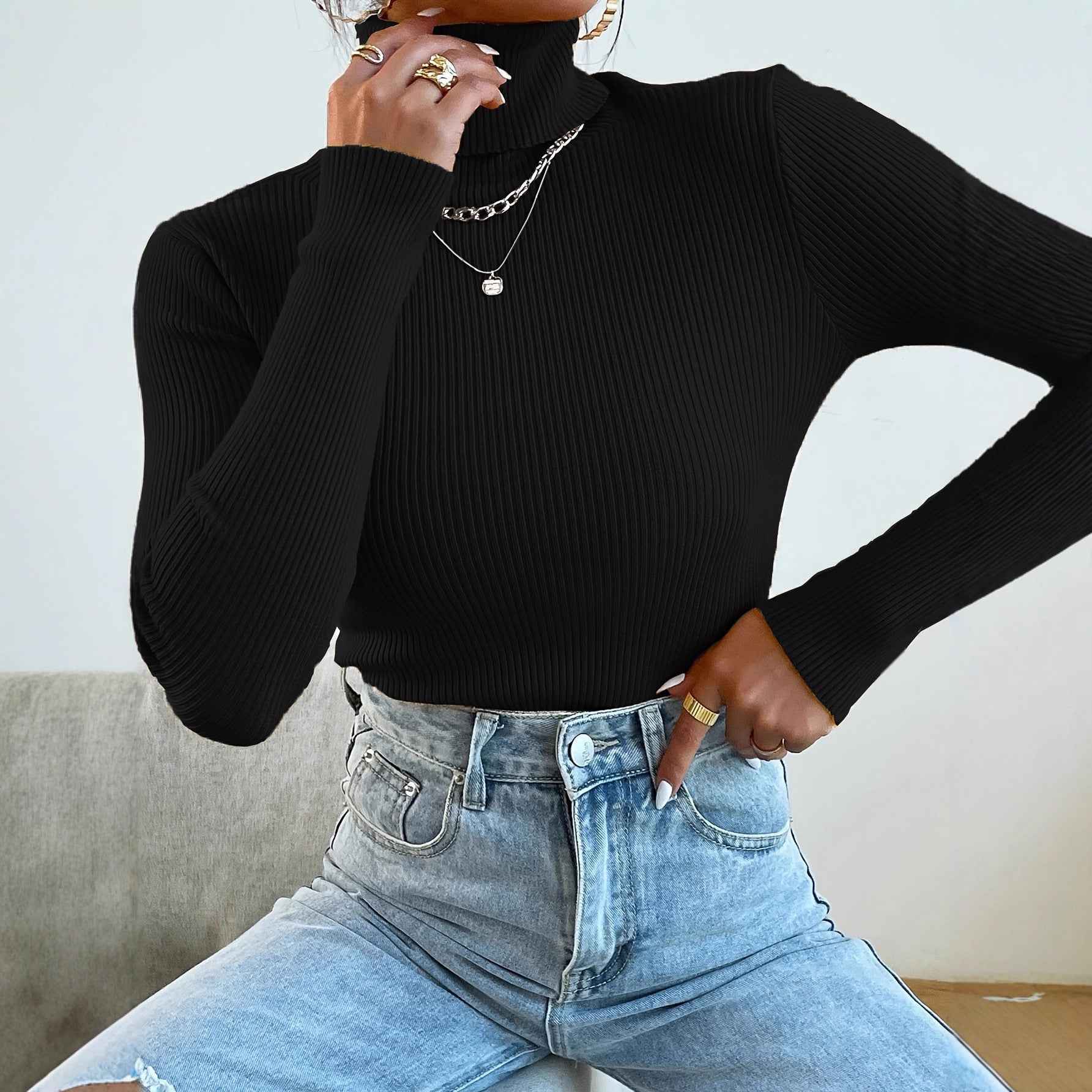 Damen Rollkragenpullover mit modernem Rippdesign R&B