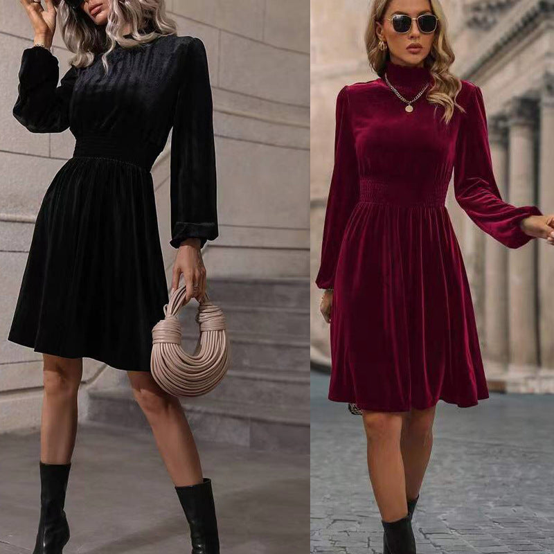 Damen Samtkleid mit hochgeschlossenem Design und eleganten langen Ärmeln R&B