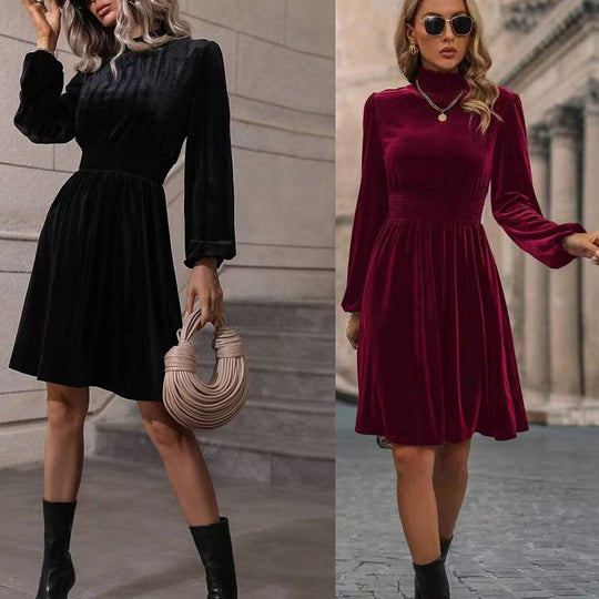 Damen Samtkleid mit hochgeschlossenem Design und eleganten langen Ärmeln R&B