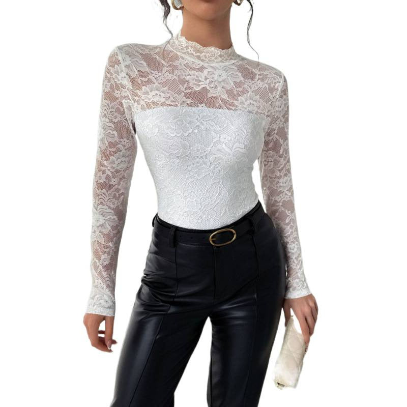 Damen Spitzenbody mit elegantem Stehkragen und langem Arm R&B