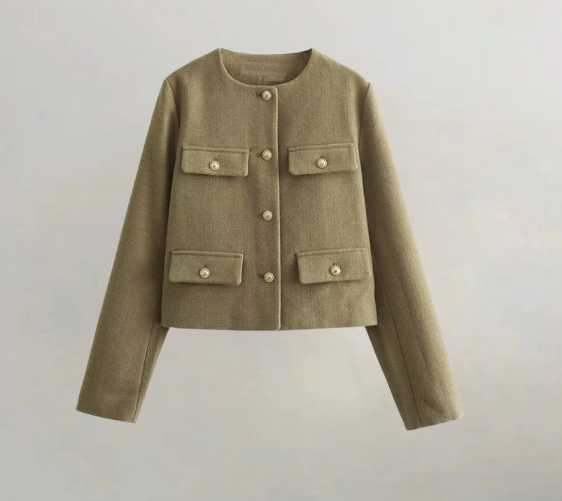 Damen kurzärmlige Utility-Jacke mit aufgesetzten Taschen und dekorativen Knöpfen R&B