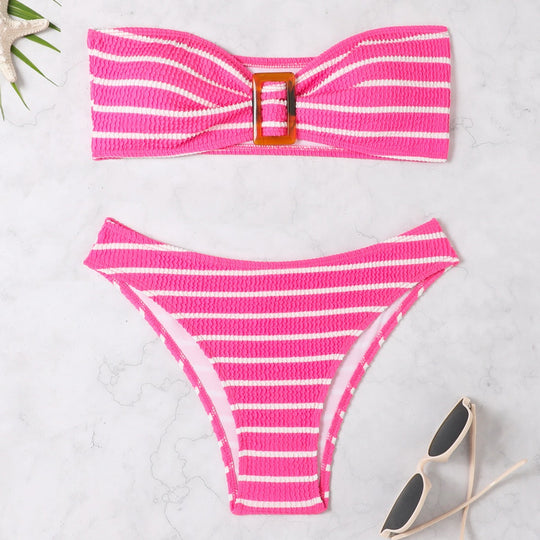 Damen Bandeau-Bikini mit modischem Streifenmuster und dekorativer Schnalle R&B