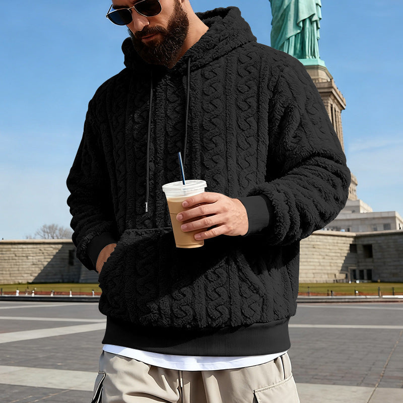 Herren nan Kuscheliger Sherpa-Hoodie mit Zopfmuster, Kängurutasche und Rippbündchen R&B