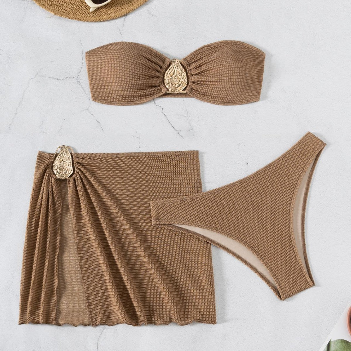 Damen Bandeau-Bikini-Set mit eleganten Falten und dekorativem Verschluss R&B