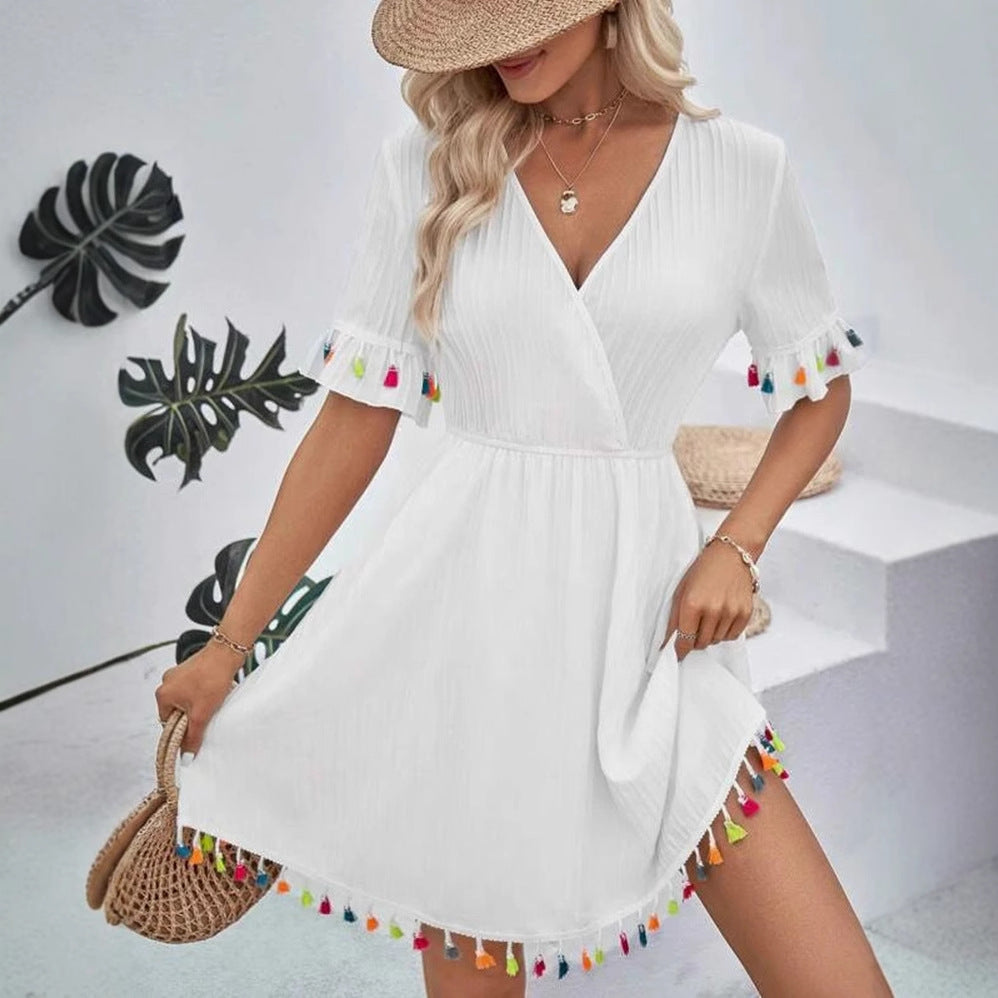 Damen Sommerkleid mit verspielten Volants und bunten Quasten R&B