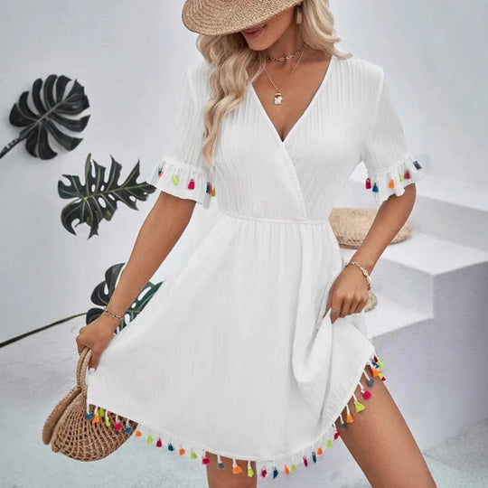 Damen Sommerkleid mit verspielten Volants und bunten Quasten R&B