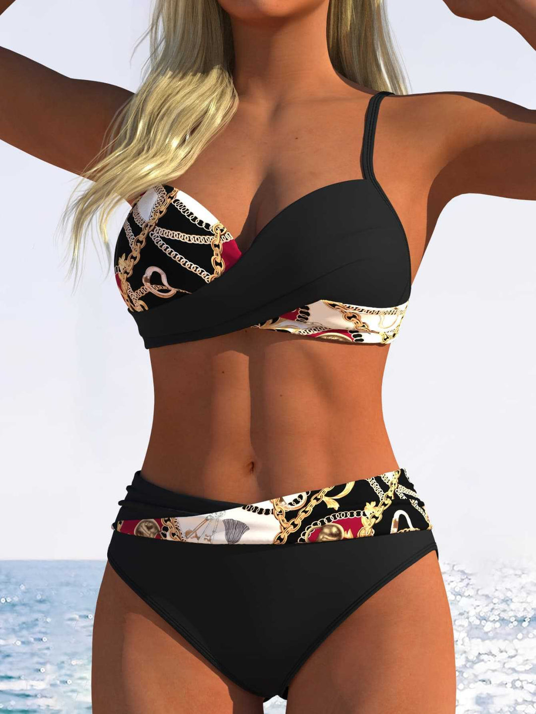 Damen Bikini-Set mit floralem Wickelmuster und bequemen High-Waist-Höschen R&B