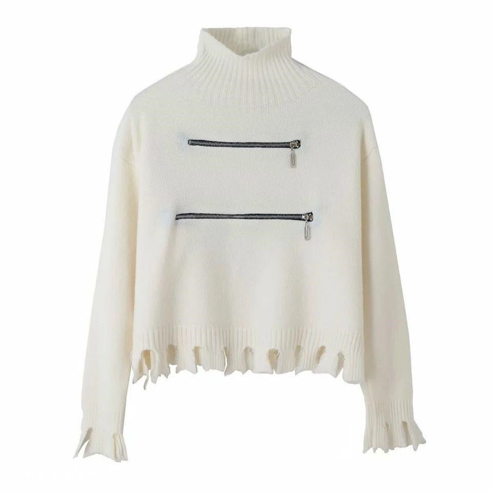 Damen Modischer Strickpullover mit Stehkragen und Reißverschlussdetails R&B