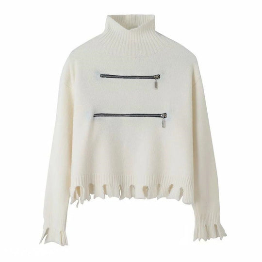 Damen Modischer Strickpullover mit Stehkragen und Reißverschlussdetails R&B