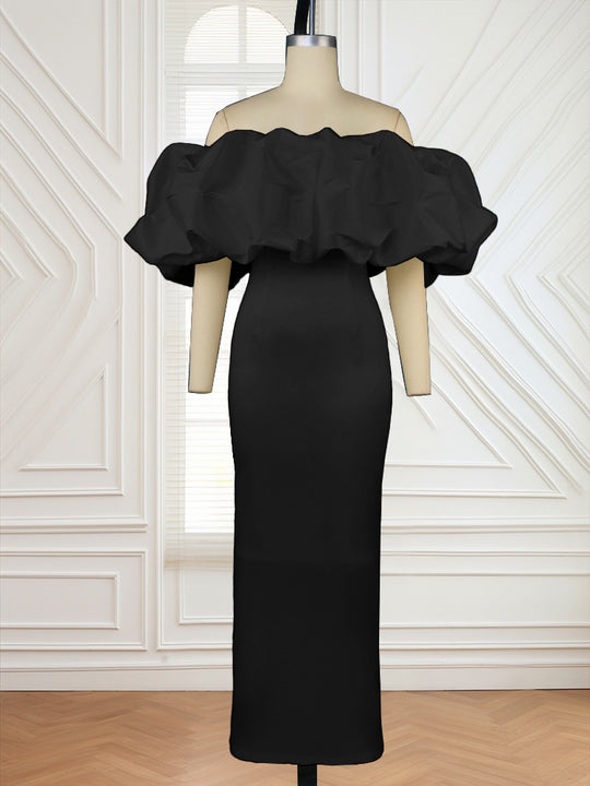 Damen Elegantes Off-Shoulder Maxikleid mit voluminösen Rüschensäumen R&B