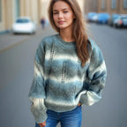 Damen lässiger Strickpullover mit modernem Lochmuster und voluminösen Ärmeln R&B