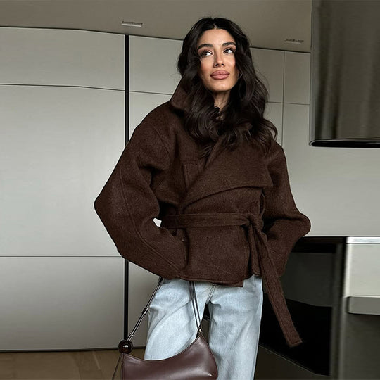 Damen Kuschelige Wolljacke mit weitem Schnitt und Taillengürtel R&B