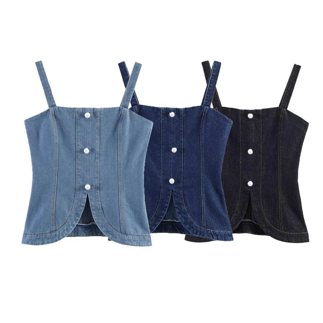 Damen Denim-Cami mit tailliertem Schnitt und dekorativen Knöpfen R&B