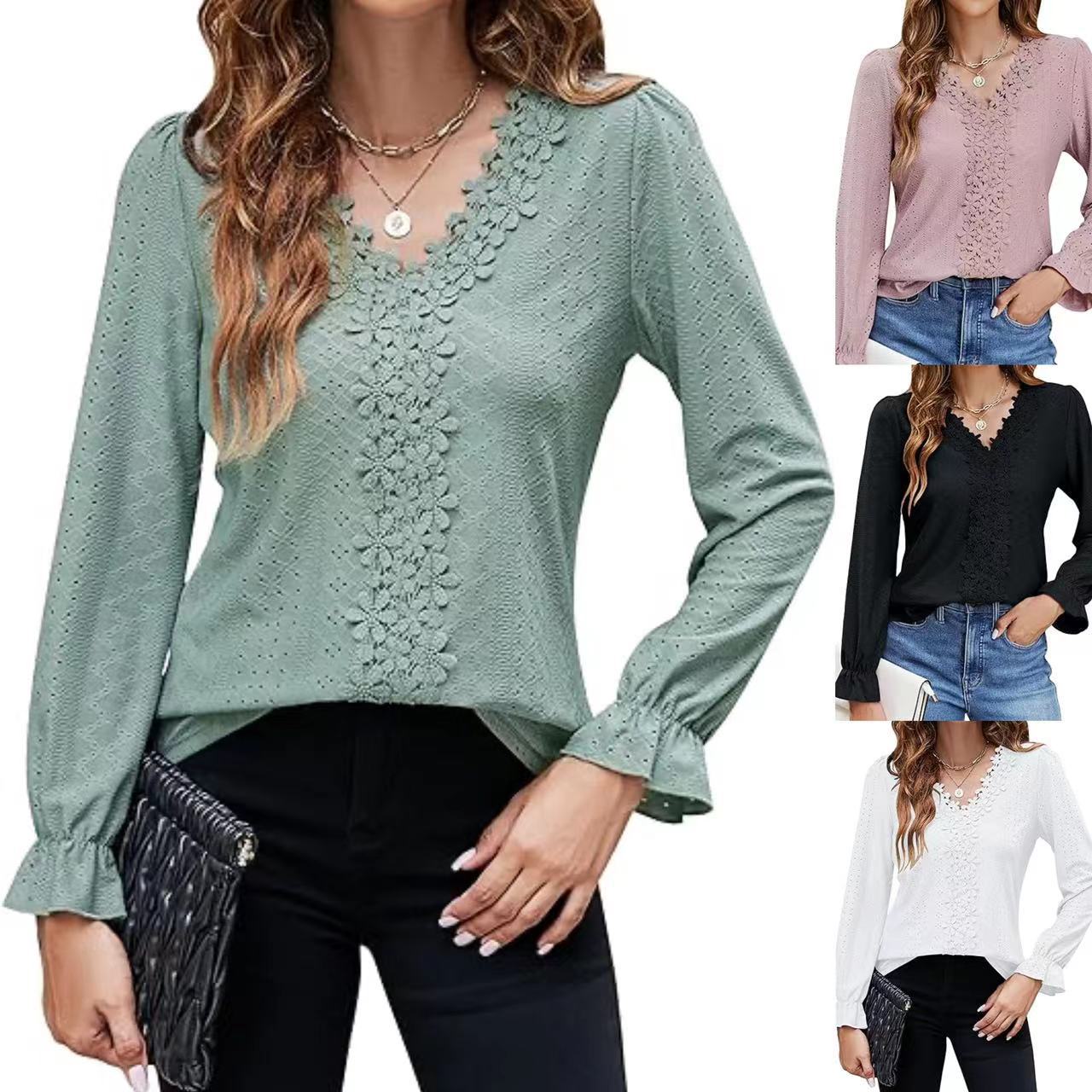 Damen elegante Bluse mit floralem Design und V-Ausschnitt R&B