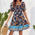 Damen Blumenmuster Maxikleid mit Puffärmeln und elastischem Taillengummi R&B