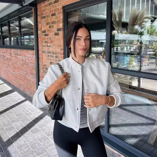 Damen Cropped Jacke mit modernem Stehkragen und Druckknopfverschluss R&B