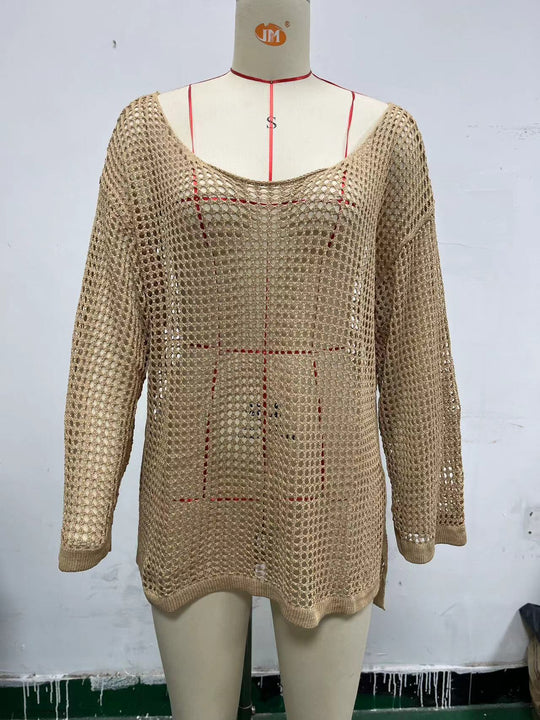 Damen lässiger Netzpullover mit weitem Schnitt und U-Boot-Ausschnitt R&B