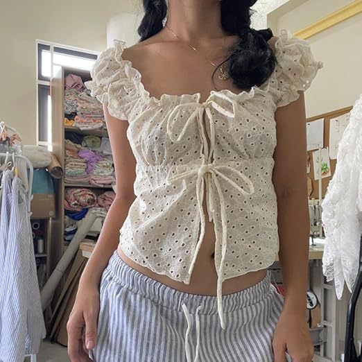 Damen Rüschenshirt mit tiefer Taille und Bindebändern R&B
