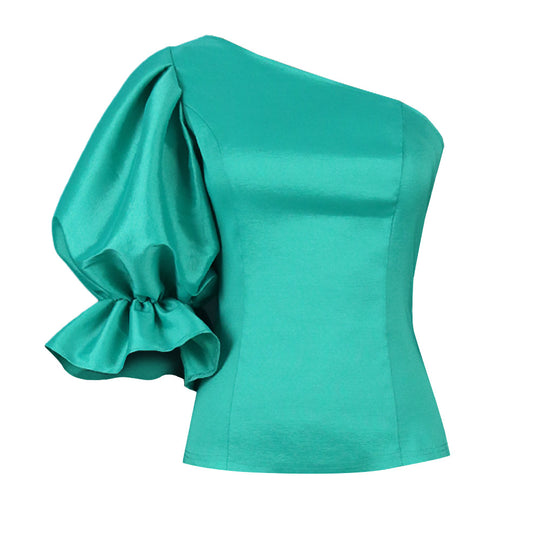 Damen Bluse mit asymmetrischem Ausschnitt und voluminösen Puffärmeln R&B