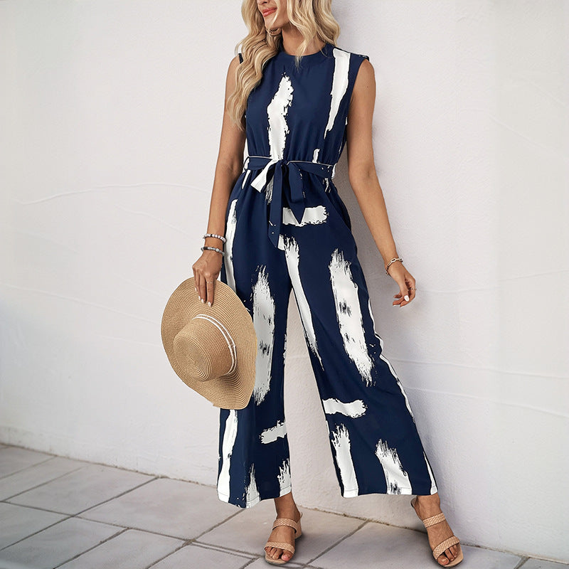 Damen Modischer Jumpsuit mit Taillengürtel und weitem Bein R&B