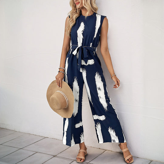 Damen Modischer Jumpsuit mit Taillengürtel und weitem Bein R&B