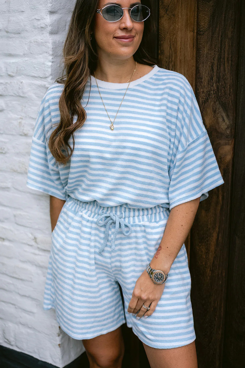 Damen gemütliches und stylisches zweiteiliges Set mit Streifenmuster R&B