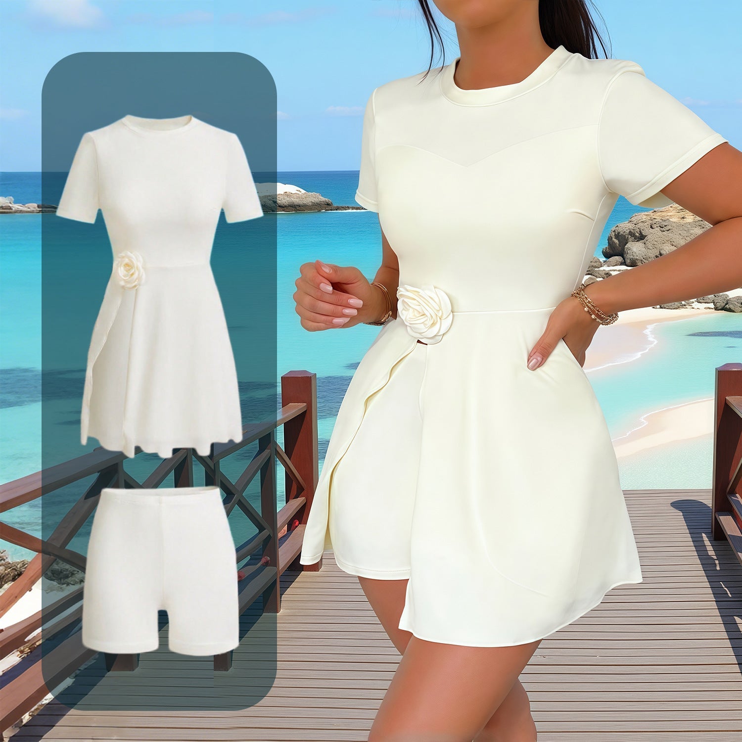 Damen elegantes Strandkleid mit dekorativem Blumenakzent